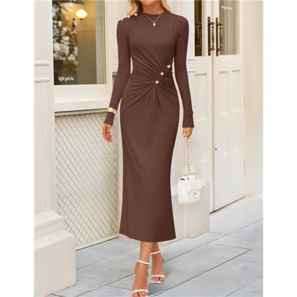 Womens Long Sleeve Mock Neck Bodycon Midi Dress Coffee - Picture 3 of 6